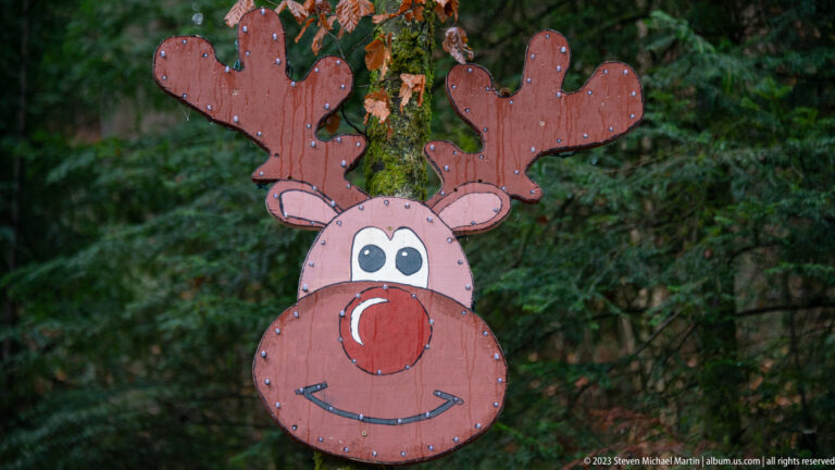 Painted wooden reindeer face with antlers, large eyes, red nose, and smile hanging in evergreen forest.