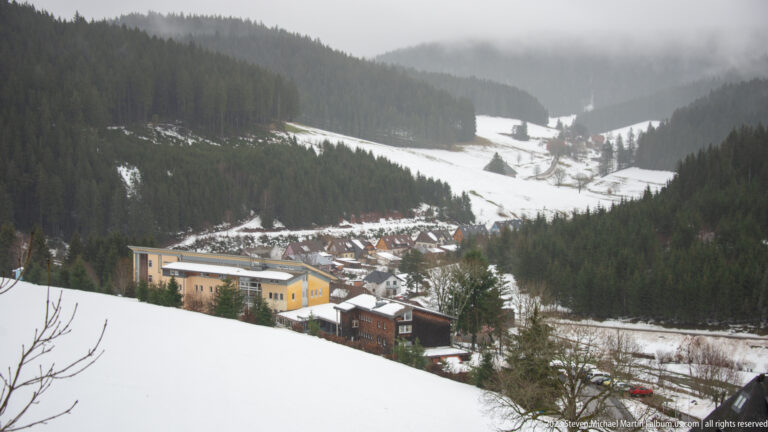 Village buildings clustered below snowy meadows and dark conifer slopes in a misty Black Forest valley.