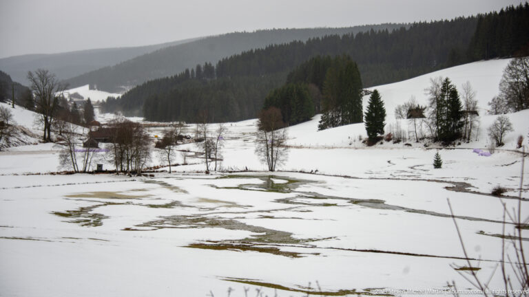 Patchy snow over open valley meadows with leafless trees, scattered evergreens, and forested slopes.