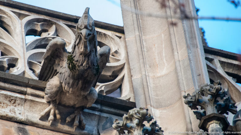 Winged stone gargoyle with long snout and clawed feet projecting among Gothic tracery and crocketed pinnacles.