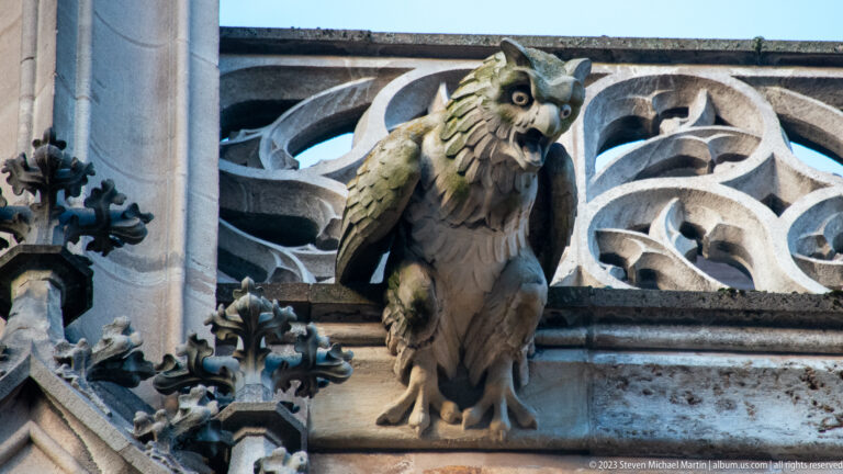 Owl-like carved stone grotesque with large eyes and layered feathers perched among Gothic tracery and crocketed pinnacles.