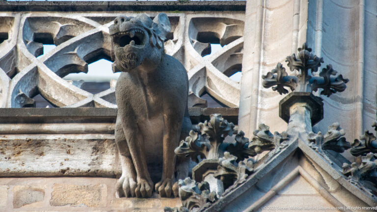 Seated cat-like stone grotesque with pointed ears and large paws before interlaced Gothic tracery and pinnacles.
