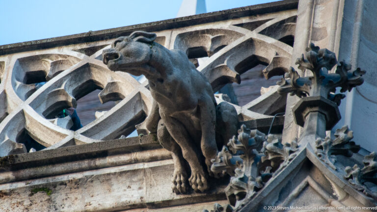 Crouching broad-muzzled stone grotesque projecting from a Gothic façade before openwork tracery and carved pinnacles.