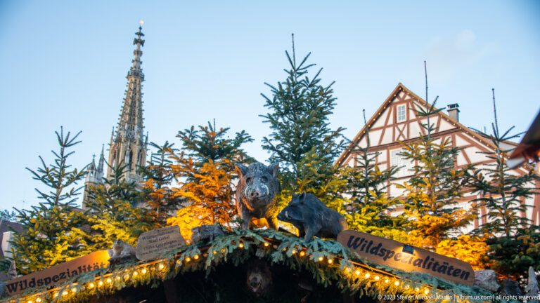 Wildspezialitäten market stall decorated with boar figures, evergreen branches, lights, fir trees, and historic buildings behind.
