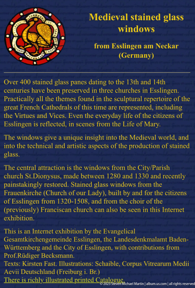 Interpretive panel titled Medieval stained glass windows from Esslingen am Neckar with yellow text on a dark blue background.