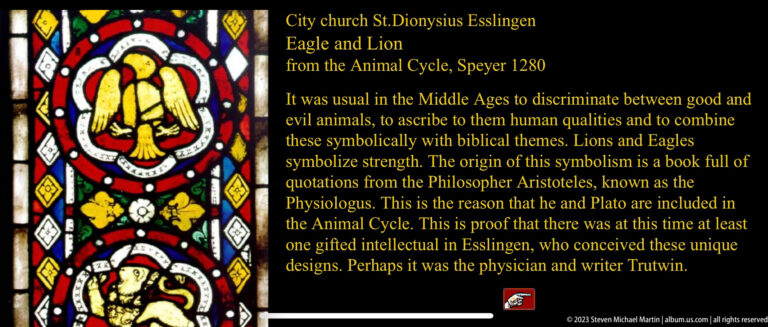 Interpretive panel titled Eagle and Lion from the Animal Cycle, Speyer 1280, with stained-glass reproduction and explanatory text.