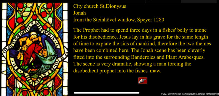 Interpretive panel titled Jonah from the Steinhövel window, Speyer 1280, with stained-glass reproduction and explanatory text.