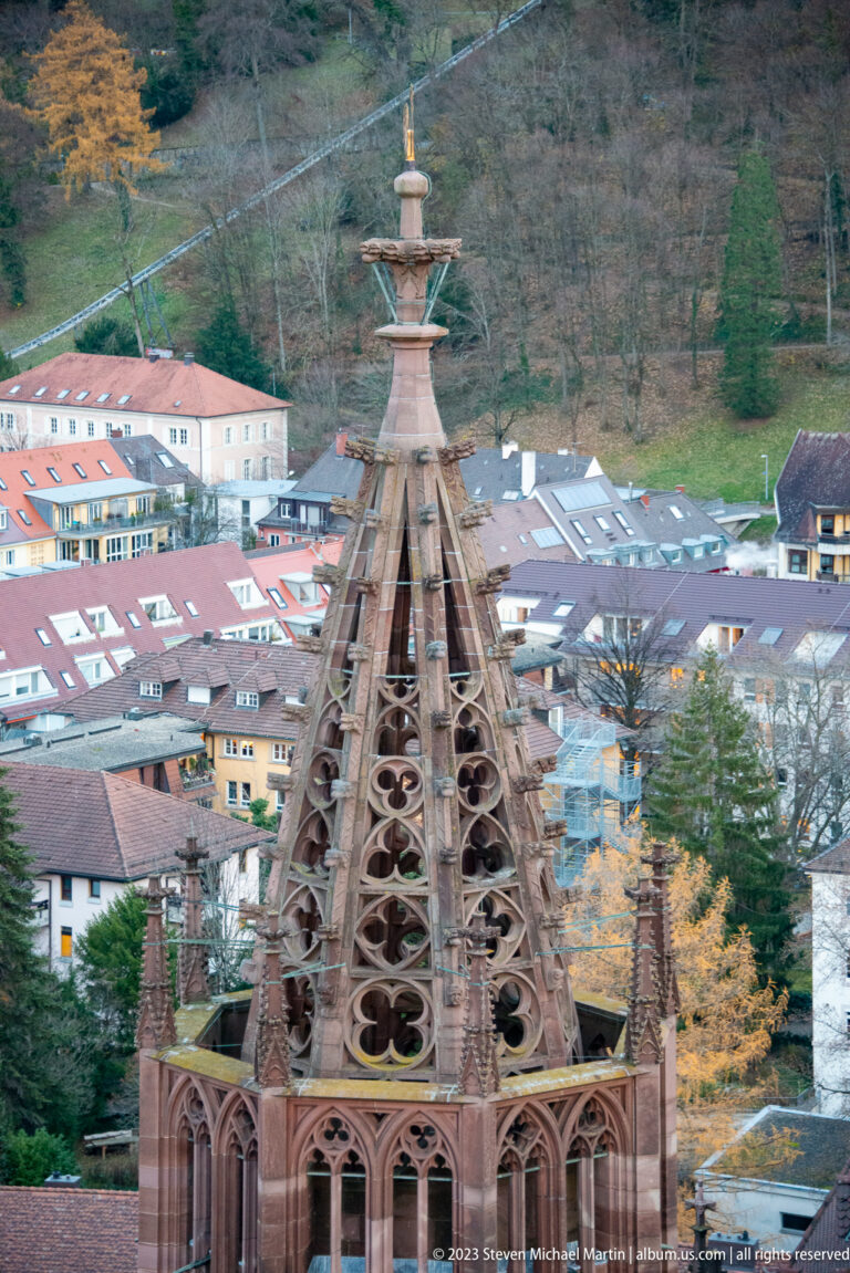 Openwork Gothic stone spire with quatrefoil tracery above Freiburg rooftops and wooded hills.