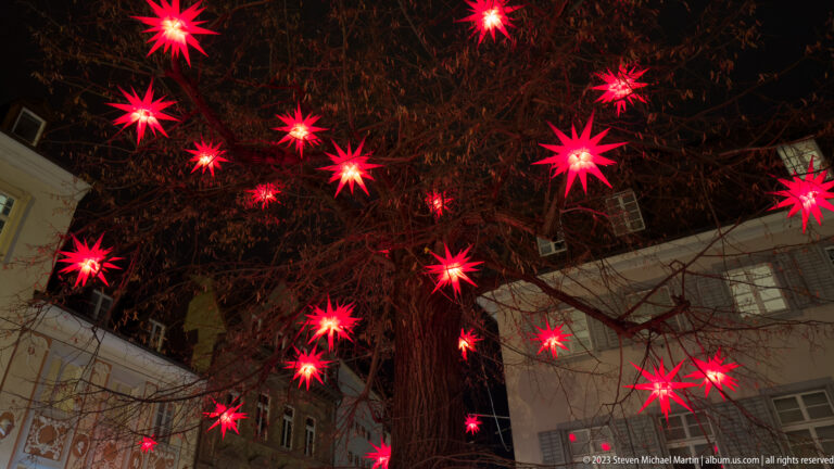 Red star-shaped Christmas lights hang through bare tree branches in front of pale historic buildings at night.