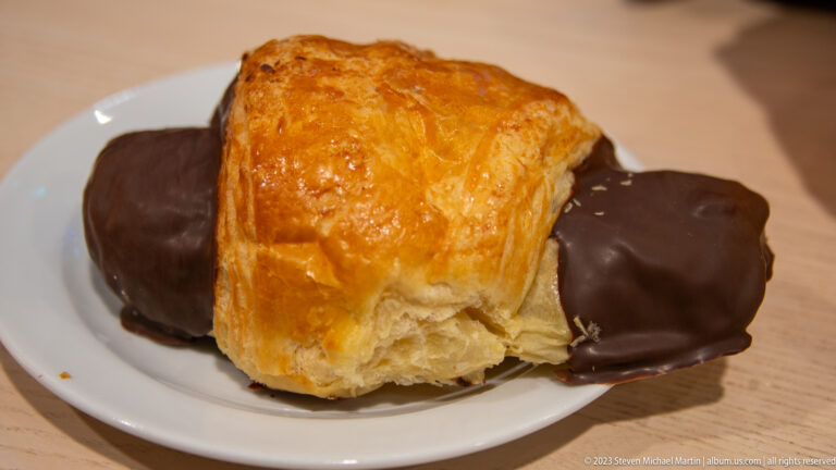 Golden flaky rectangular pastry with both ends dipped in dark chocolate on a white plate.