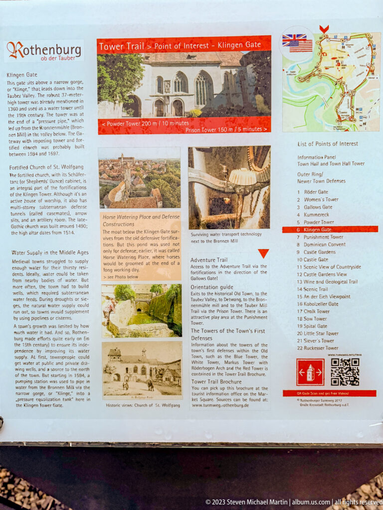 Interpretive sign headed for Klingen Gate with historical text, photographs, diagrams, and a Tower Trail map.