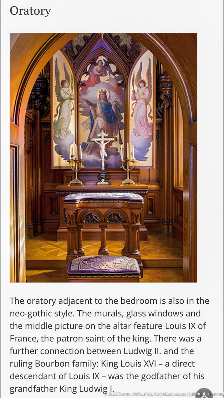 Interpretive panel titled Oratory with a chapel interior photograph, painted saints, altar, and explanatory text.