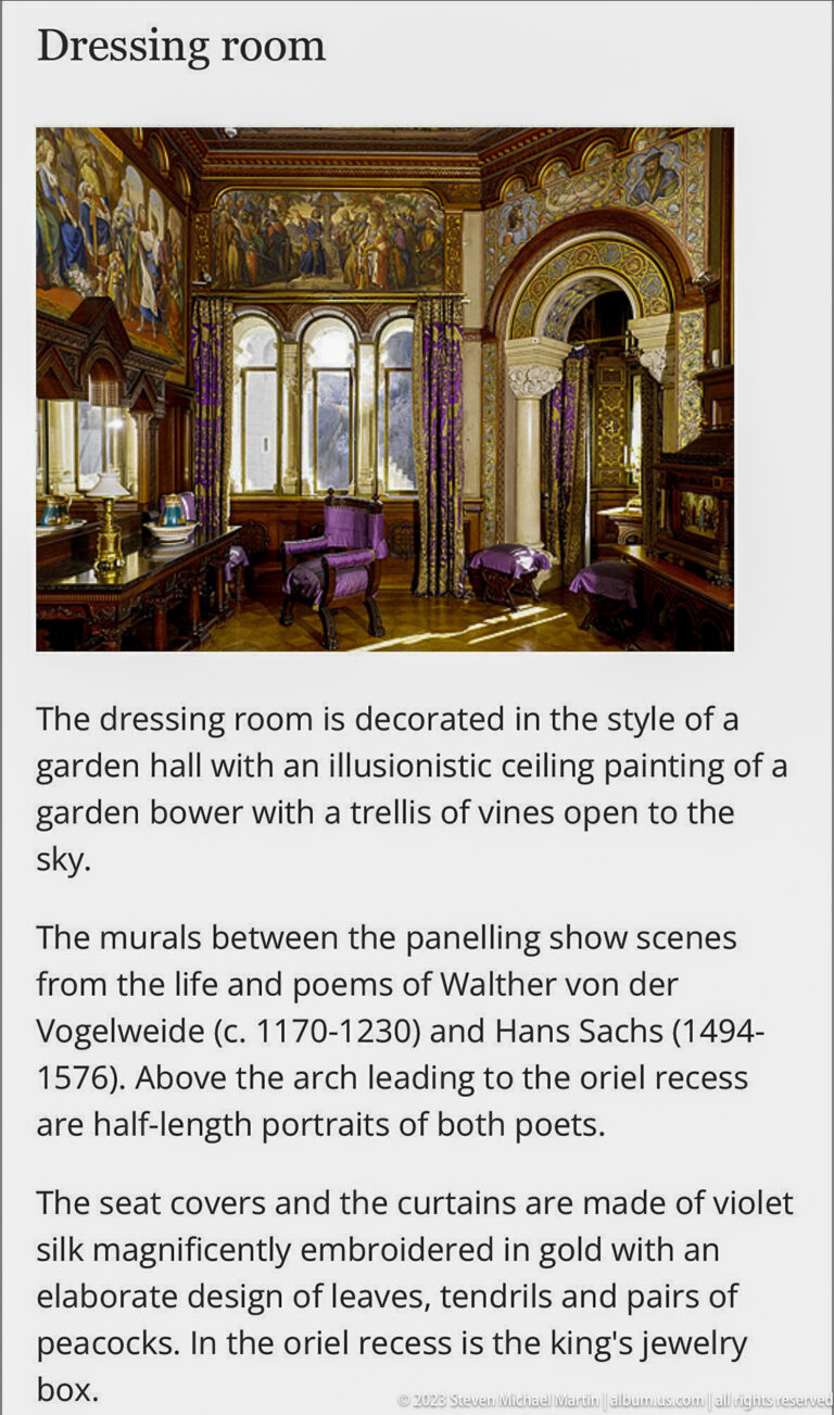 Interpretive panel for the Dressing room with a richly decorated interior photograph and explanatory English text.