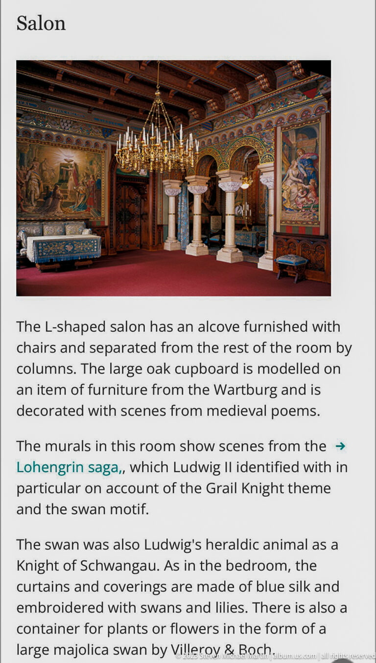 Interpretive salon panel showing a richly decorated room with columns, chandeliers, murals, and blue-green furnishings.