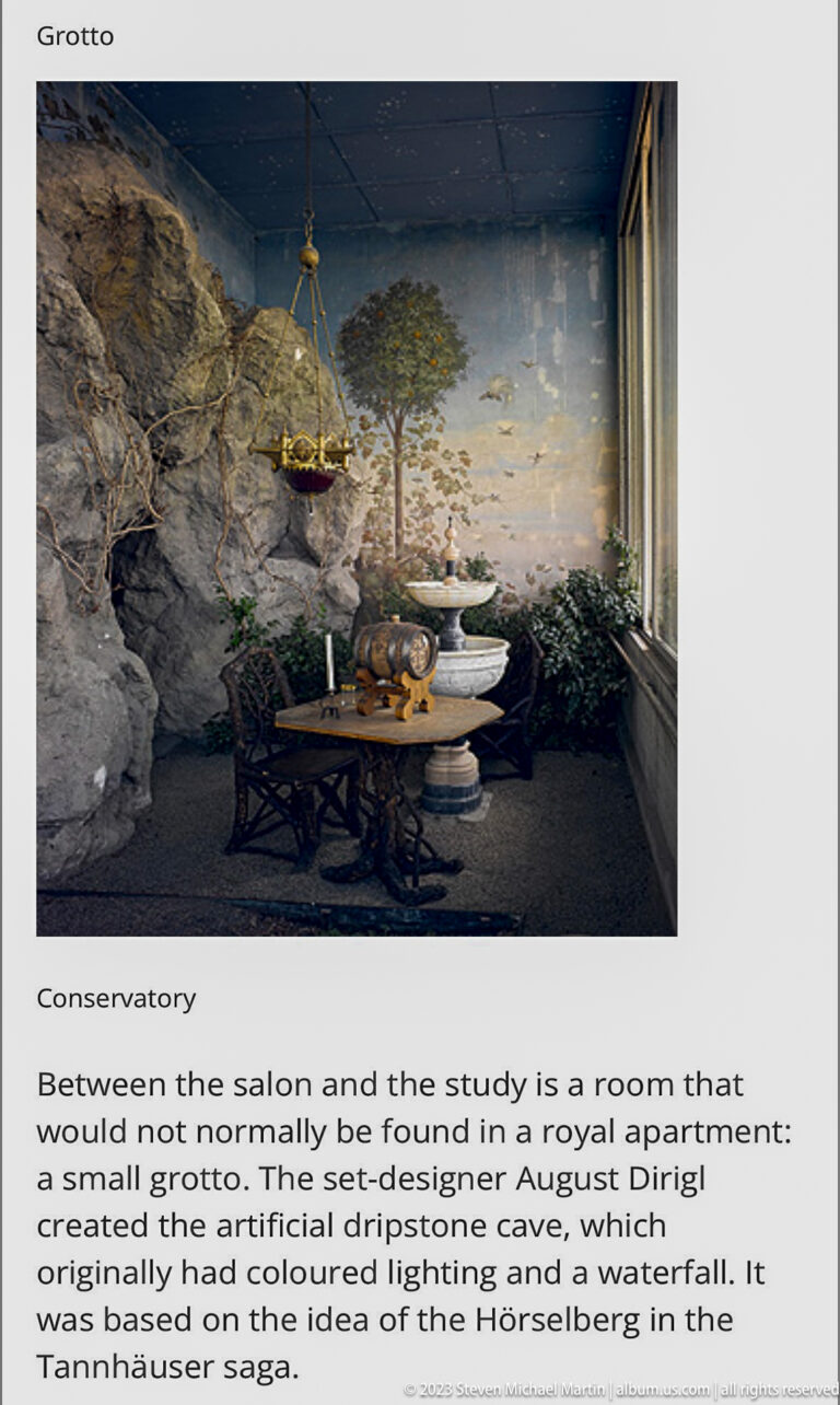 Conservatory interpretive panel with a grotto-like rock interior, fountain basin, plants, furniture, and explanatory text.