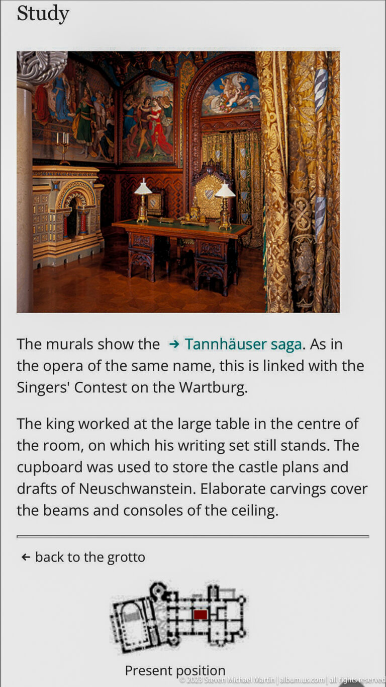 Study interpretive panel with desk, murals, curtains, explanatory text, and a small floor-plan diagram.