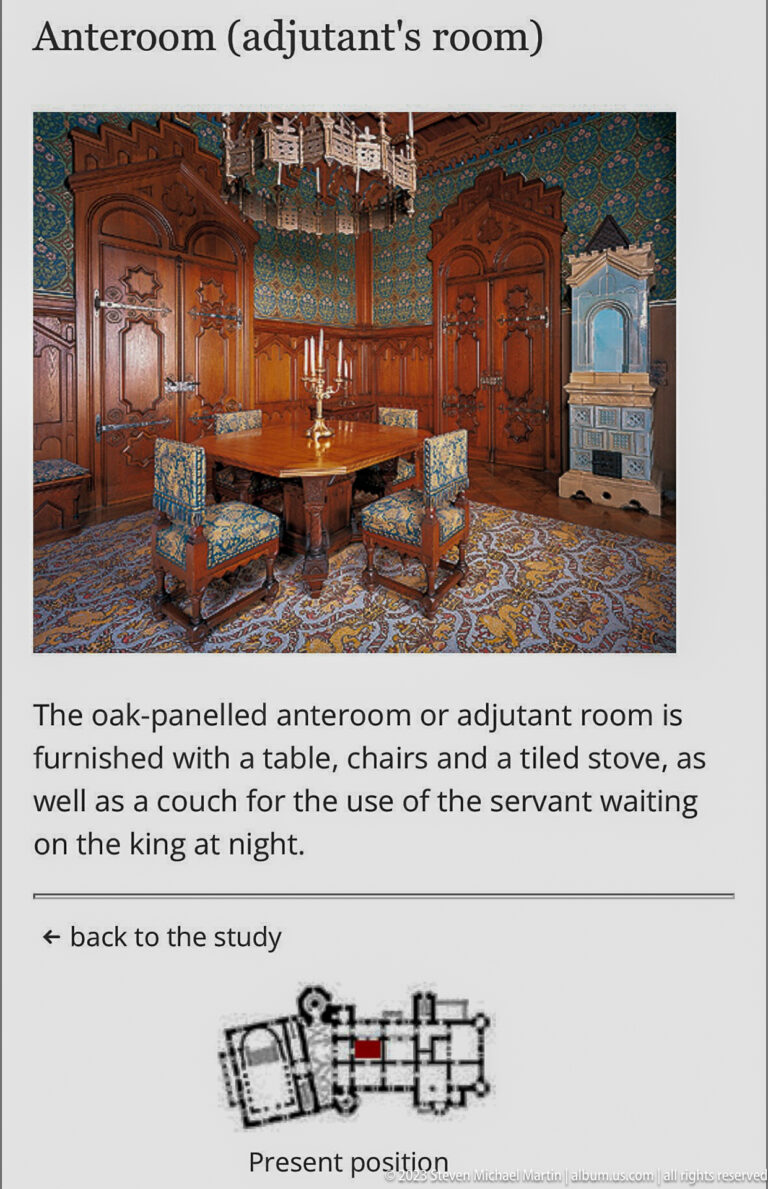 Anteroom interpretive panel showing oak paneling, table, chairs, tiled stove, patterned carpet, and a floor-plan diagram.