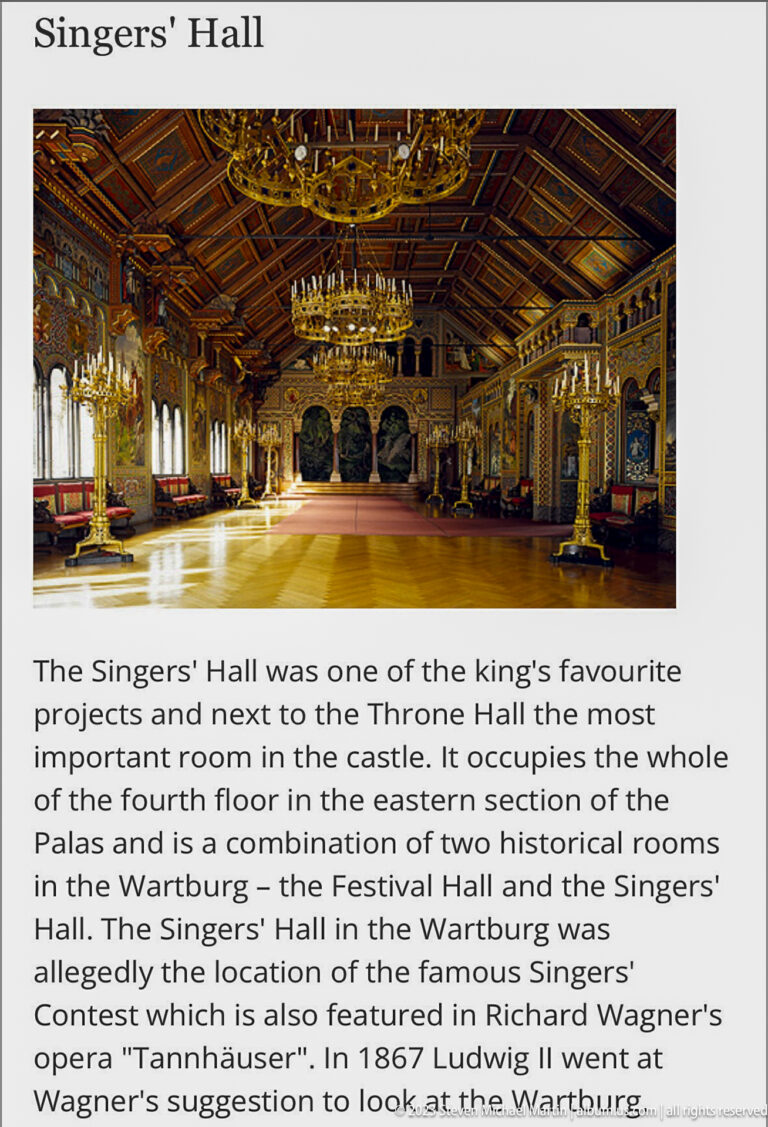 Singers' Hall interpretive panel with a grand chandelier-lit hall, painted walls, patterned ceiling, and explanatory text.