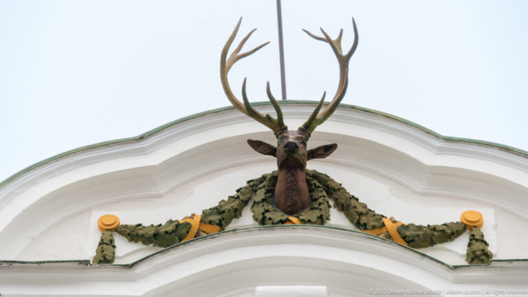 Large stag head with branching antlers mounted above a curved white gable with decorative foliage.