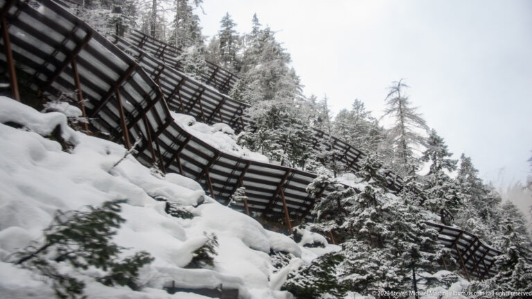 Long lattice avalanche barrier crossing a steep snowy slope among conifer trees.