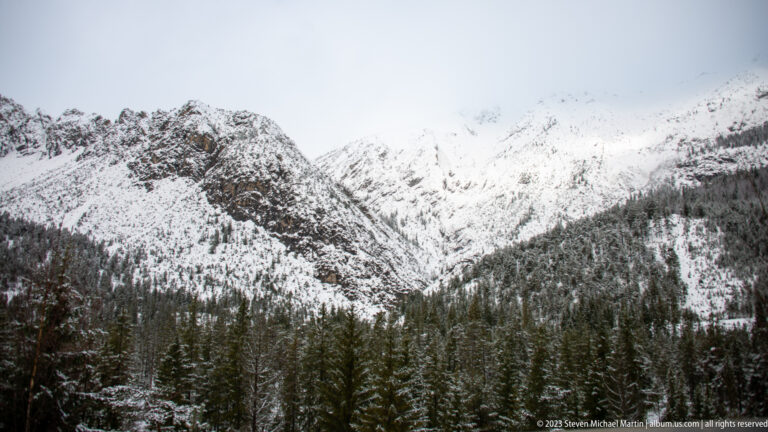 Jagged snowy Alpine ridge above dense evergreen forest, with cloud touching the upper slopes.