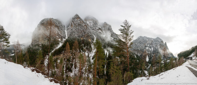 Snowy roadside foreground with conifer and larch forest below jagged mountain pinnacles in low cloud.
