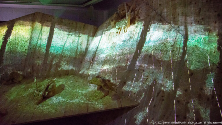 Dark immersive gallery with projected green woodland imagery and suspended animal forms within the forest scene.