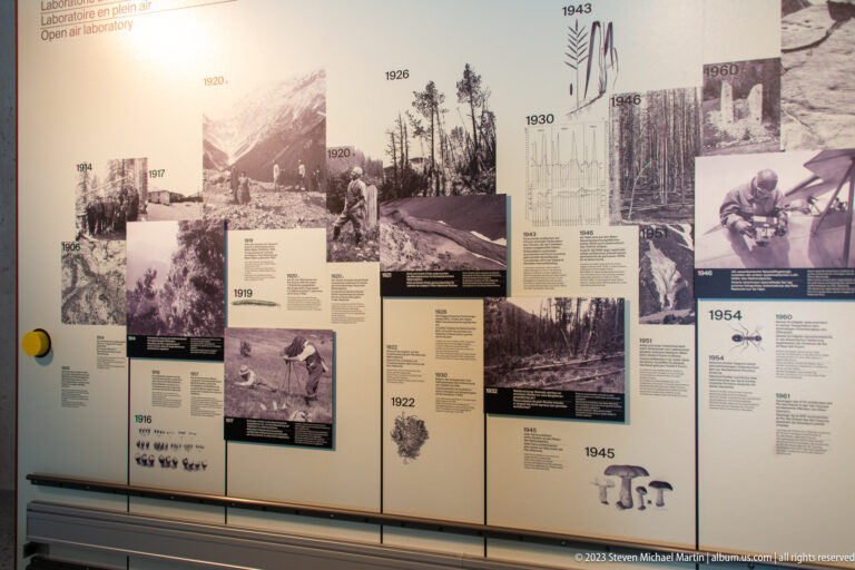 Large historical timeline wall with archival photographs, dated milestones, text panels, maps, and diagrams.