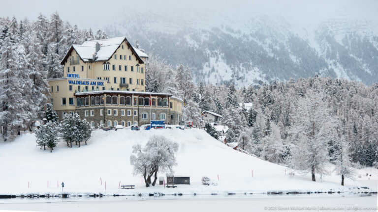 Hotel Waldhaus am See stands on a snowy rise above the frozen lake, backed by dense winter forest and mountains.