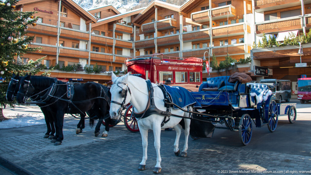 White and black horses harnessed to blue and red carriages on a cobbled street surrounded by chalet-style hotels.