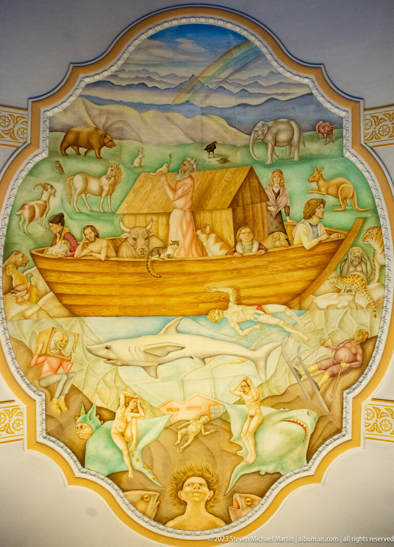 Ceiling mural of Noah’s Ark amid floodwaters, animals, figures, mountains, and a rainbow.