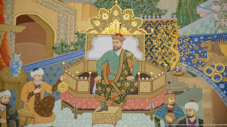 Bearded ruler in green robe seated on an ornate throne.