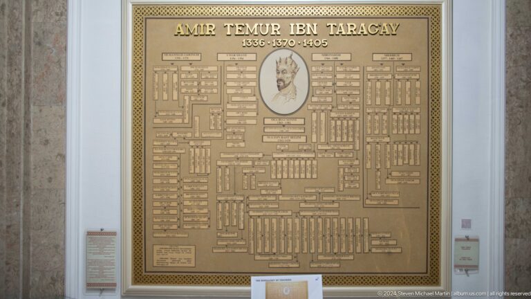 Large beige family tree chart with central portrait medallion.