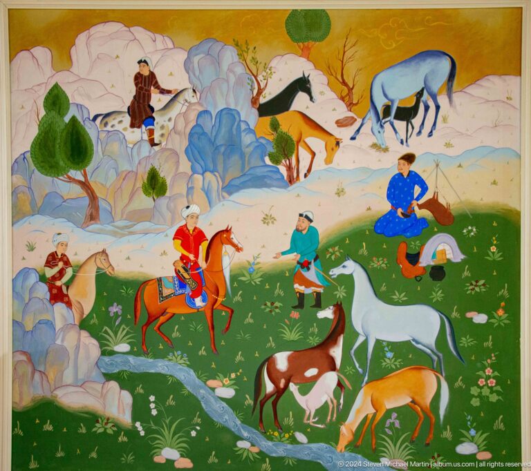 Mounted figure in red among deer in a garden landscape.