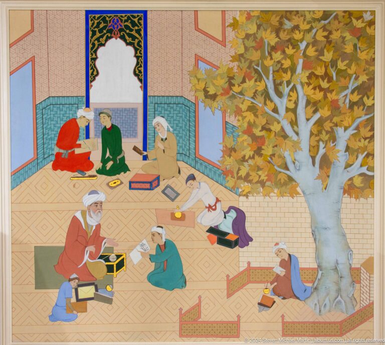 Teachers and students read and write in a courtyard.
