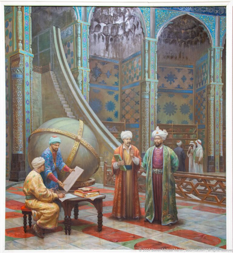 Robed scholars study beside a huge sphere and graduated arc.