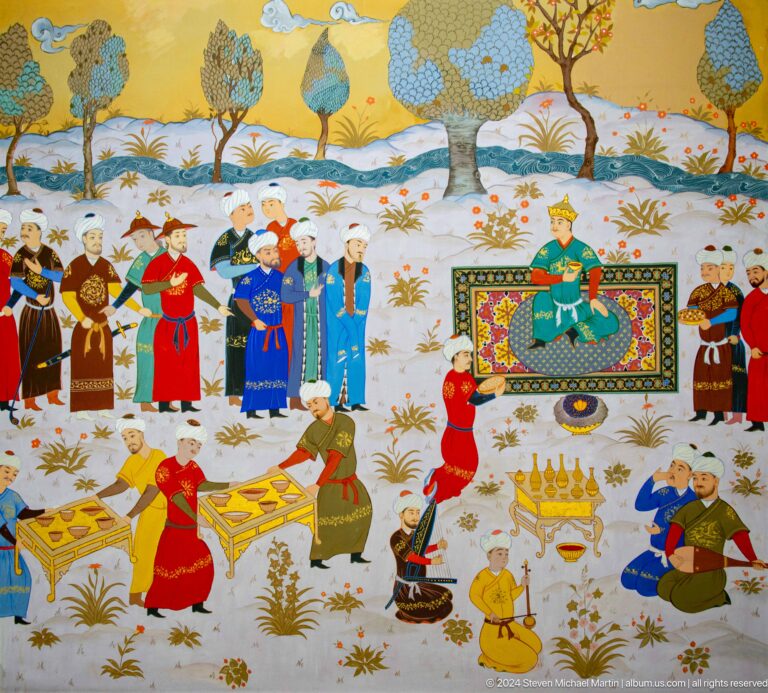 Crowned ruler above attendants, tables, and ceremonial vessels.