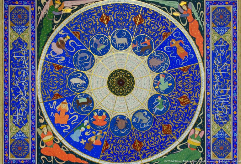 Blue-and-gold zodiac wheel around a central medallion.