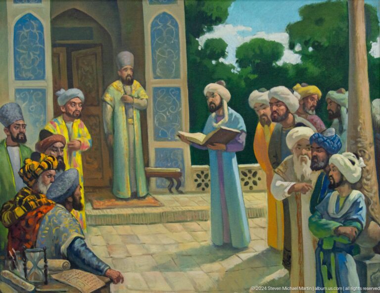 Standing reader holds an open book before a gathered group.