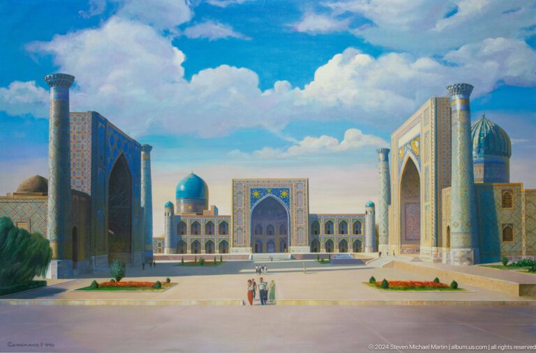 Three monumental tiled madrasas around an open square.