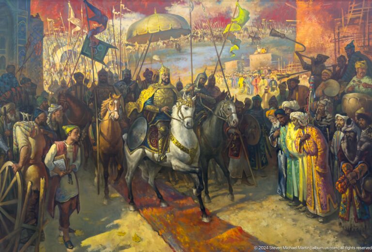 Central rider on white horse beneath standards and canopy.