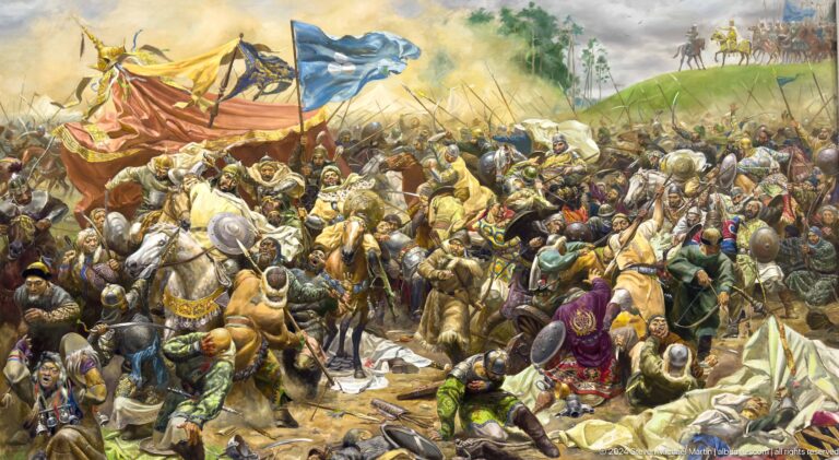 Dense clash of riders, foot soldiers, shields, and banners.