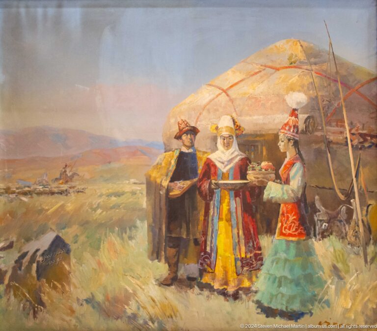 Painting of a Kazakh nomadic family in traditional dress beside a yurt on the open steppe.