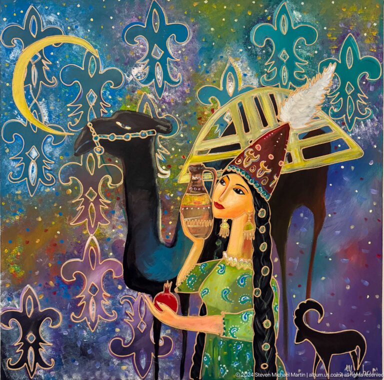 Colorful framed painting of a woman in traditional Kazakh headdress standing beside a camel.