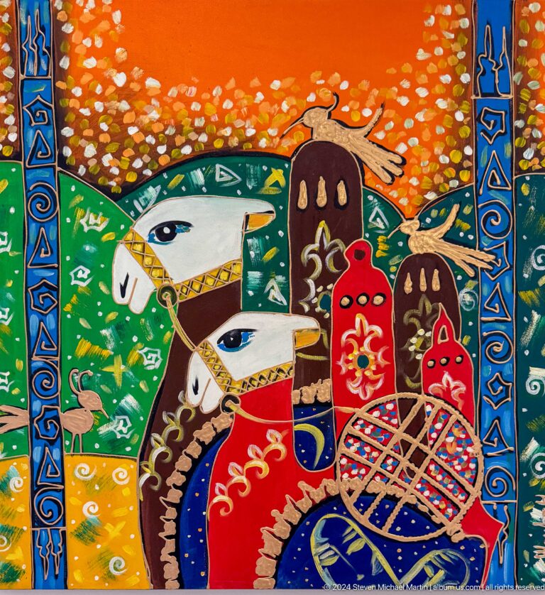 Bright Kazakh folk-art panel featuring stylized horses and multiple hands in bold colors.