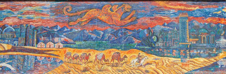Wide exterior mosaic mural depicting horsemen riding across a stylized Central Asian landscape.