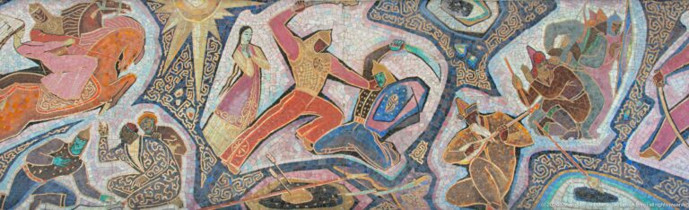 Detail of a Central Asian mosaic in Almaty showing stylized figures and horses in colorful tiles.