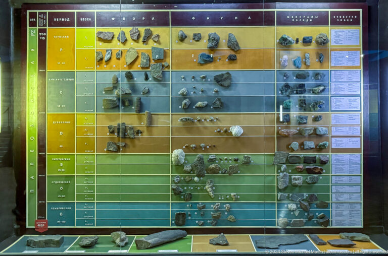 Medium view of a color-coded geological time display showing eras of Earth’s history and fossil life at the Central State Museum of Kazakhstan in Almaty.