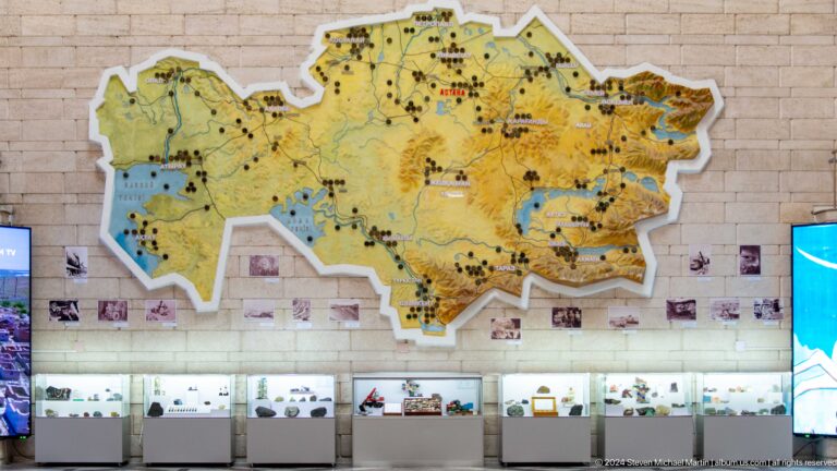 Illustrated wall map of Kazakhstan in a museum, with the country’s outline filled by colorful regional scenes and labels.