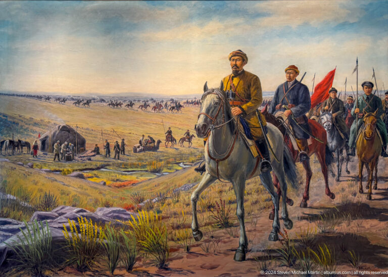Mounted travelers crossing open steppe.